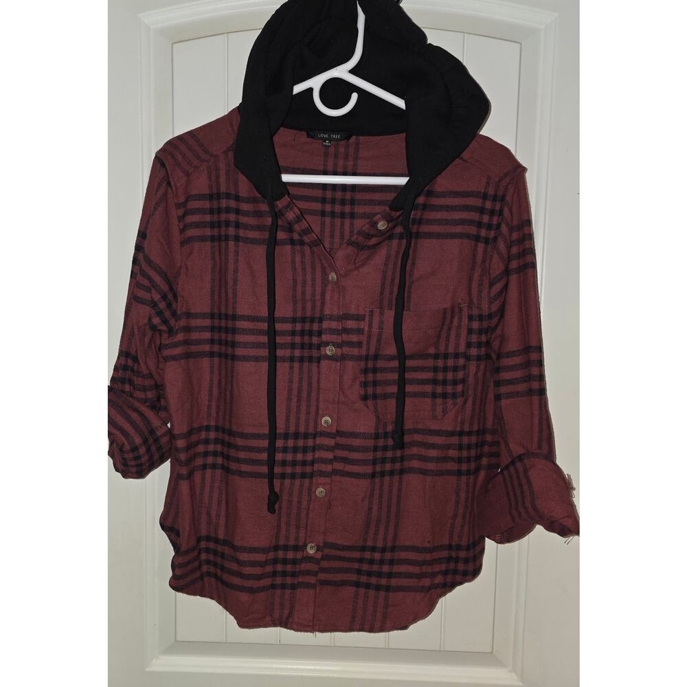 Love Tree Super Soft Flannel with attached Hoodie Full Button Up NWT Oversized S
